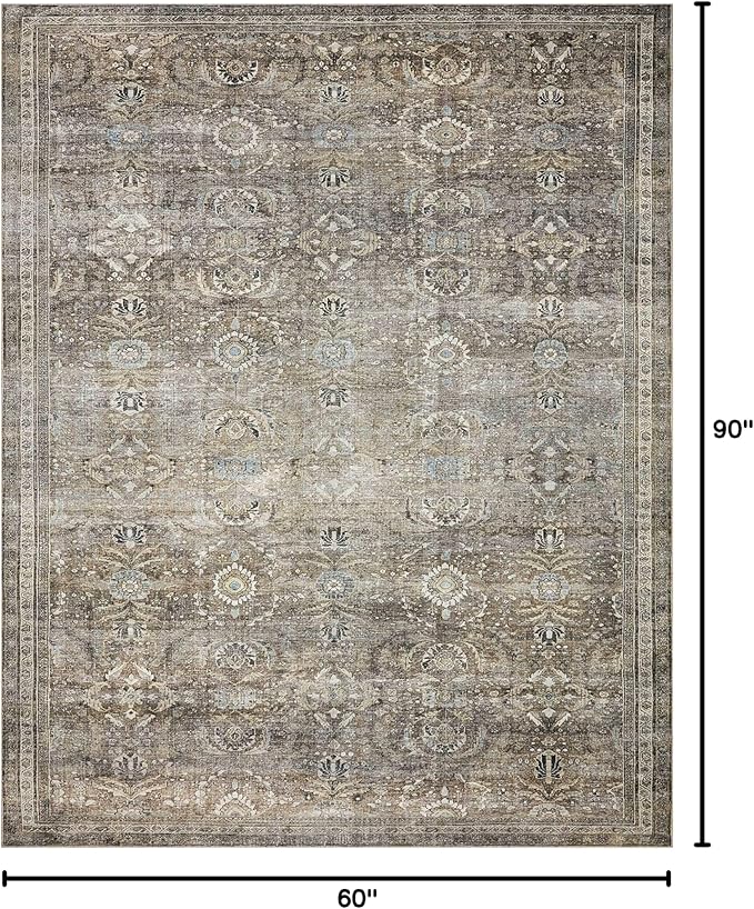 Loloi Layla Collection LAY-13 Antique/Moss 5'-0" x 7'-6" .13" Thick Area Rug, Soft, Durable, Vintage Inspired, Distressed, Low Pile, Non-Shedding, Easy Clean, Printed, Living Room Rug