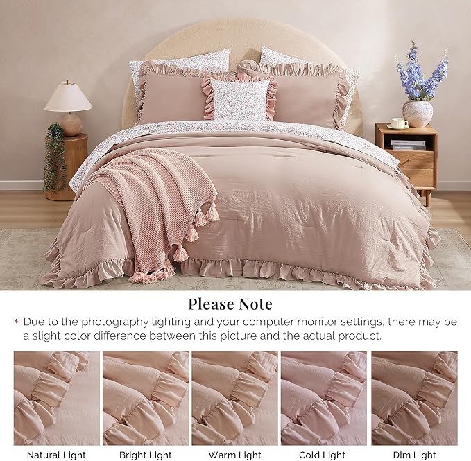 Queen Comforter Set - 7 Pieces Ruffle Pink Bedding Sets, Shabby Chic Farmhouse Bed in a Bag Queen with Ruffle Comforter, Floral Sheets, Pillowcases & Shams