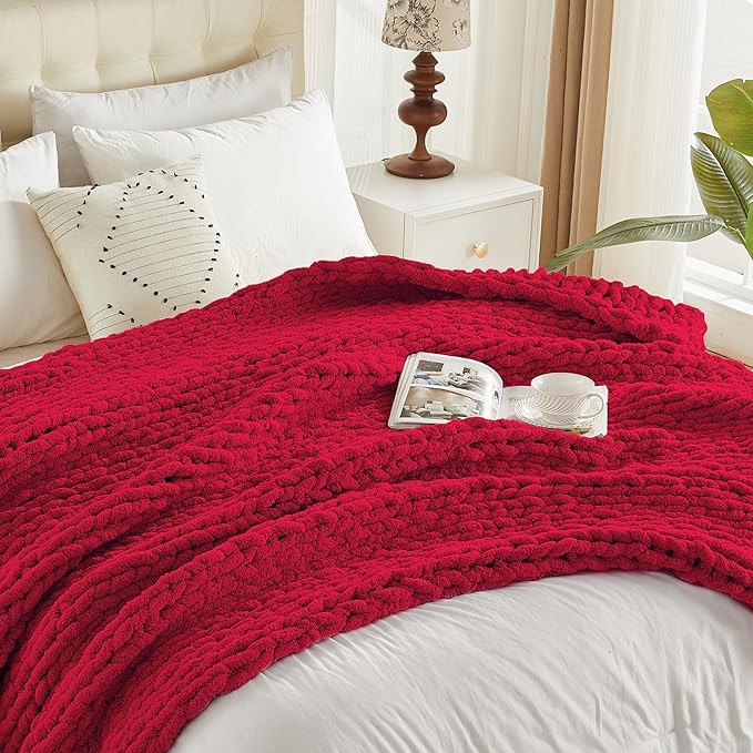 Carriediosa Chunky Knit Throw Blanket 60" X 80" Twin, 100% Hand Made Large Chenille Loop Yarn Soft Fluffy Throws for Couch Sofa Bed, Big Crochet Cozy Heavy Thick Cable Woven Blankets, Red