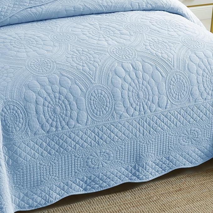 MarCielo 3-Piece 100% Cotton Oversized Bedspread Lightweight Quilt Coverlet Embroidery Farmhouse Bedding Set (Tf Light Blue, Oversized Queen (100"x106"))