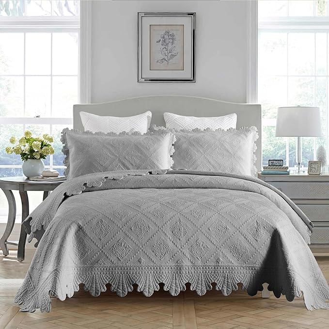 MarCielo 3-Piece 100% Cotton Oversized Bedspread Lightweight Quilt Coverlet Embroidery Farmhouse Bedding Set (Tk Light Grey, Oversized Queen (100"x106"))