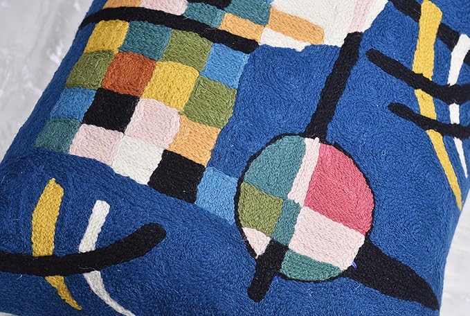 Lumbar Kandinsky Blue Modern Pillow Cover - Counterweights Mid-Century Chair Cushions Blues Abstract Pillowcase Contemporary Sofa Pillowsham Handembroidered Wool Size 14x20
