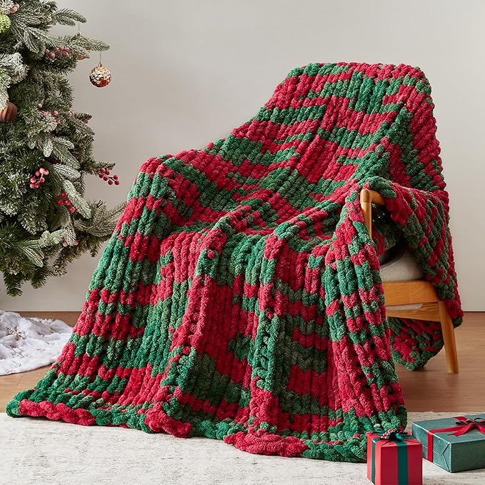 Chunky Knit Throw Blanket, 40''*50'' Knitted Throw Chenille Yarn for Bed Couch, Handmade Stripe Crochet Big Thick Blanket, Machine Washable Cute Comfy Blanket for Home Decor