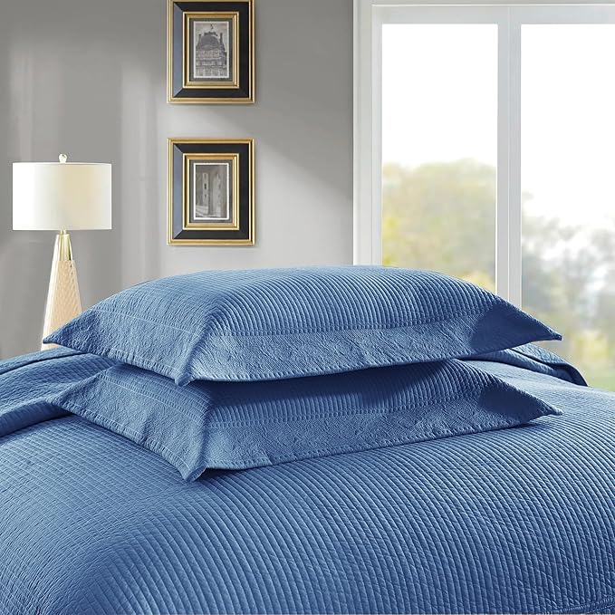 MarCielo 3-Piece 100% Cotton Oversized Bedspread Lightweight Quilt Coverlet Embroidery Farmhouse Bedding Set (TG Midtone Blue, Oversized King (118"x106"))