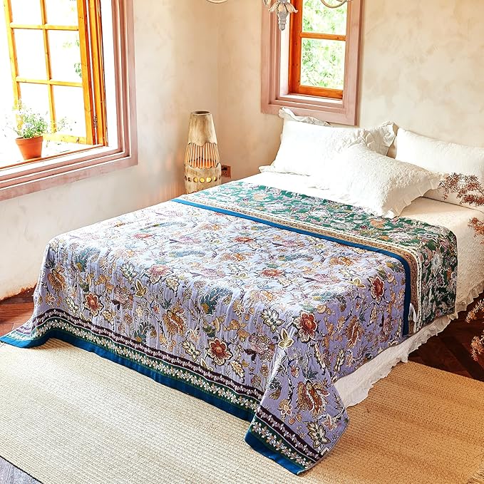 Boho Throw Blanket 91" x 98", 100% Organic Cotton Breathable Ultra Soft Bed Purple Quilt Throw - All Season Luxury Floral Farmhouse Decor Blanket for Sofa Couch Chair and Gift.