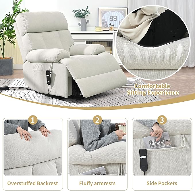 Power Lift Chair Recliners for Elderly, Overstuffed Electric Lift Recliner Chair with Widened Footrest Side Packets for Living Room Bedroom