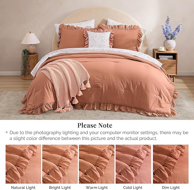 King Comforter Set - 7 Pieces Ruffle Autumn Leaf Bedding Sets, Shabby Chic Farmhouse Bed in a Bag King with Ruffle Comforter, Floral Sheets, Pillowcases & Shams