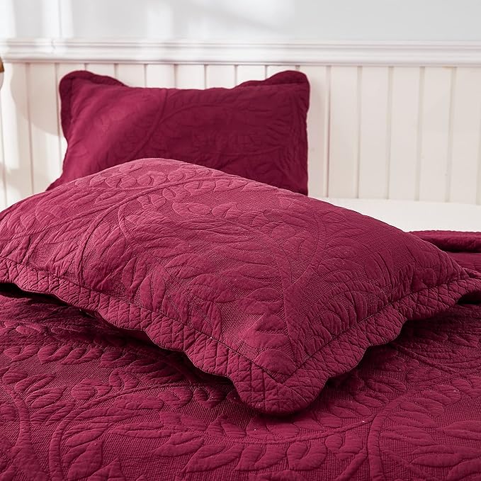 MarCielo 3-Piece 100% Cotton Oversized Bedspread Lightweight Quilt Coverlet Embroidery Farmhouse Bedding Set T0 (Wine Burgundy, Oversized Queen (100"x106"))