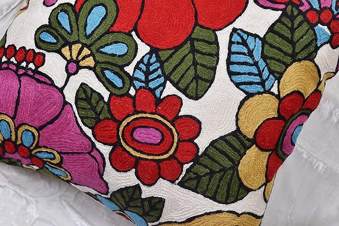 Floral Pillow Cover Handembroidered Wool 18x18 (Retro Floral Pillow Cover)