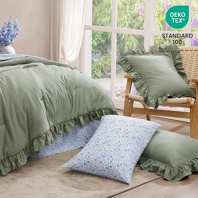 Queen Comforter Set - 7 Pieces Ruffle Sage Green Bedding Sets, Shabby Chic Farmhouse Bed in a Bag Queen with Ruffle Comforter, Floral Sheets, Pillowcases & Shams