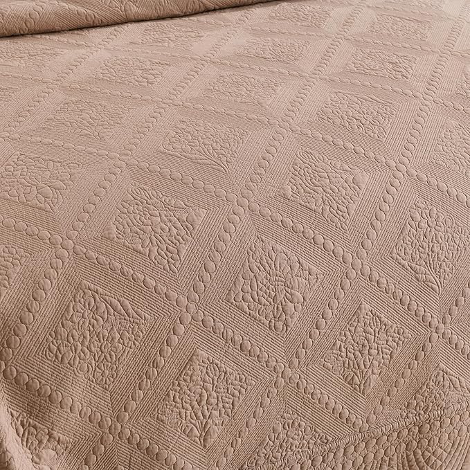 MarCielo 3-Piece 100% Cotton Oversized Bedspread Lightweight Quilt Coverlet Embroidery Farmhouse Bedding Set (TK Pale Taupe Camel, Oversized King (118"x106"))