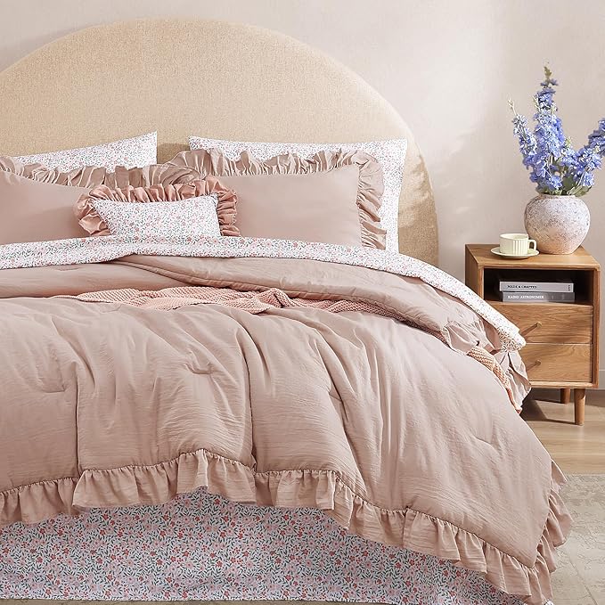 Full Comforter Set - 7 Pieces Ruffle Pink Bedding Sets, Shabby Chic Farmhouse Bed in a Bag Full with Ruffle Comforter, Floral Sheets, Pillowcases & Shams