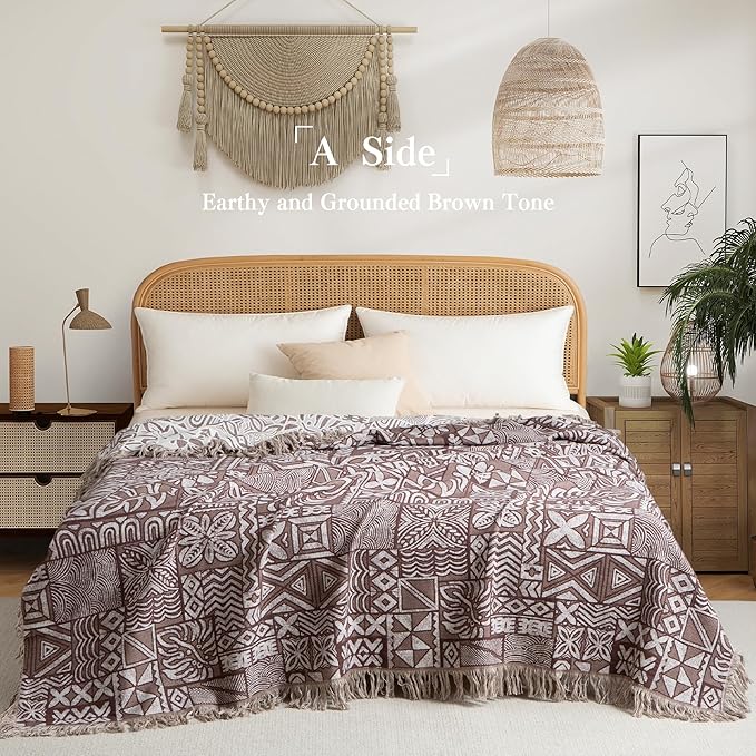 Boho Throw Blanket Twin Size, Soft Cozy Cotton Muslin Quilt Blanket for Bed Decor, Patchwork Block Couch Sofa Chair Cover, Vintage Farmhouse Cottage Tapestry Woven Blanket, Brown&White