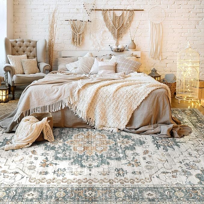 Washable Area Rugs for Living Room - 5x7 Neutral Vintage Distressed Floral Farmhouse Boho Large Soft Floor Rug Indoor Non Slip Carpet for Living Room Bedroom Dining Room Office - Green/Grey