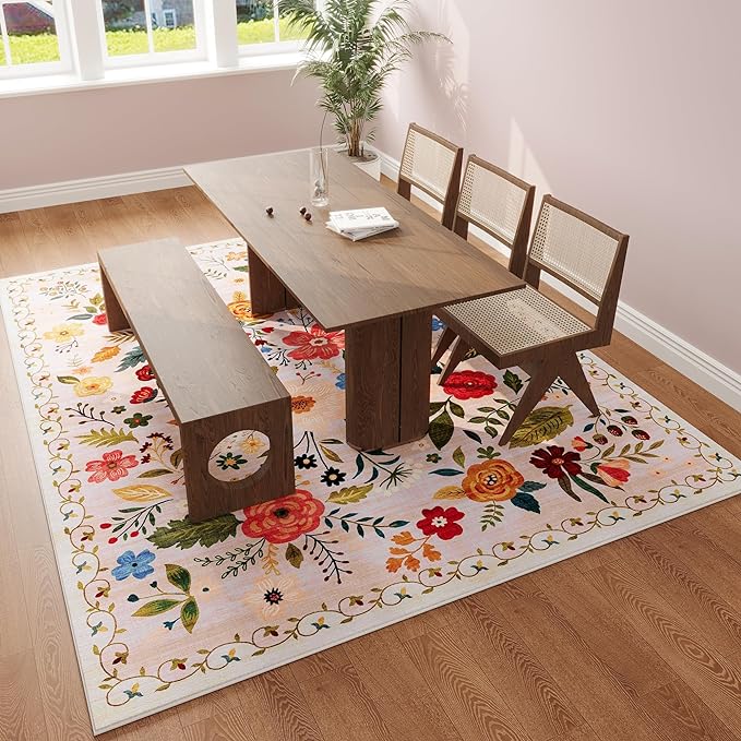Living Room Rug 6x9 Rug Machine Washable Boho Area Rug Non Slip Floral Vintage Low Pile Large Rug for Living Room, Bedroom, Farmhouse, Dining Room, Kids Playroom(Beige)
