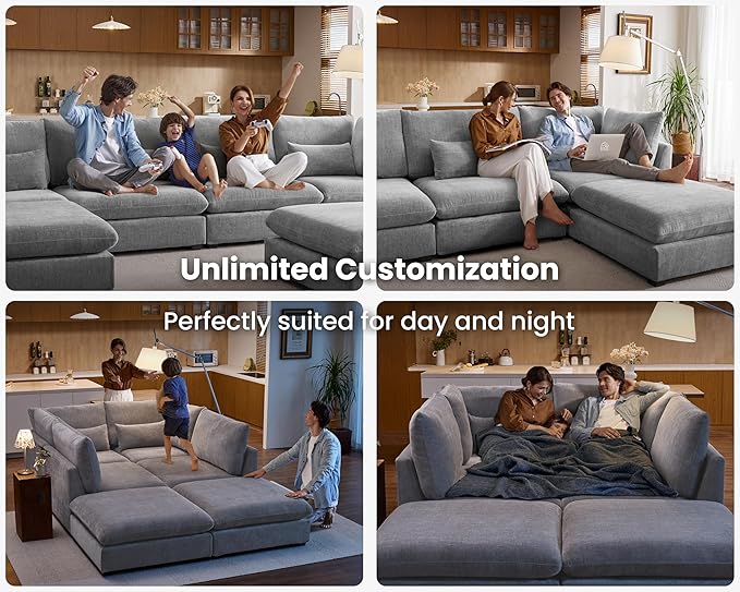 Oversized Modular Sofa, Extra Deep Cloud Chenille Sectional Couch with Ottoman Chaise, Fluffy Chenille Loveseat L Sofa for Living Room, Villa (Loveseat+Ottoman, Chenille Grey)