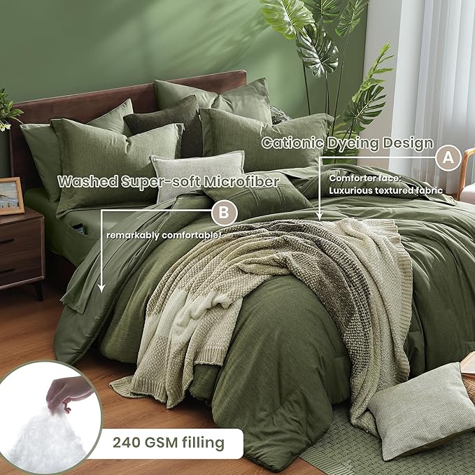 Monbix King Size Comforter Set, Olive Green King Bed Set Reversible, King Size Comforter Set 7 Pieces, Cationic Dyeing Bed in a Bag with Comforter, Sheets, Pillowcases & Shams