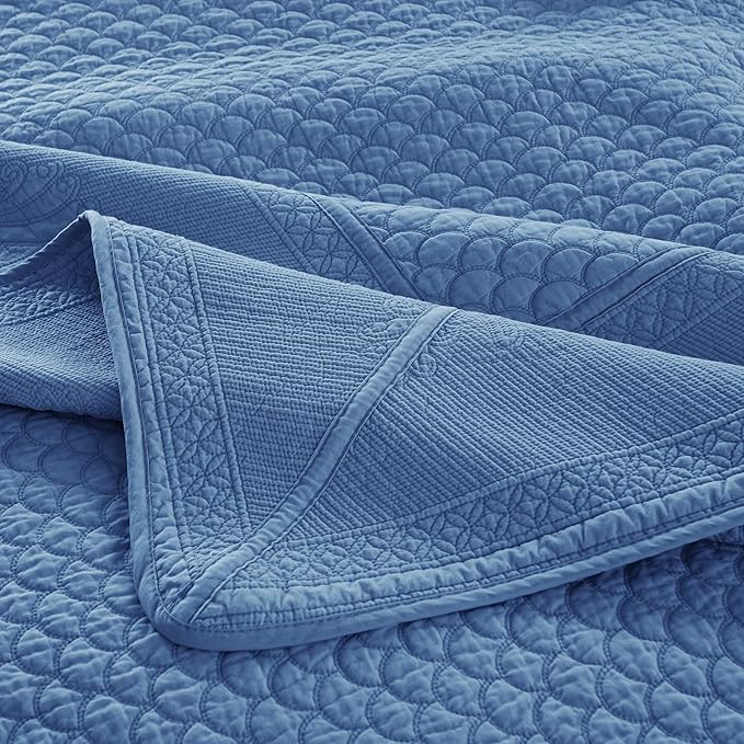 MarCielo 3-Piece 100% Cotton Oversized Bedspread Lightweight Quilt Coverlet Embroidery Farmhouse Bedding Set (TM Midtone Blue, Oversized Queen (100"x106"))