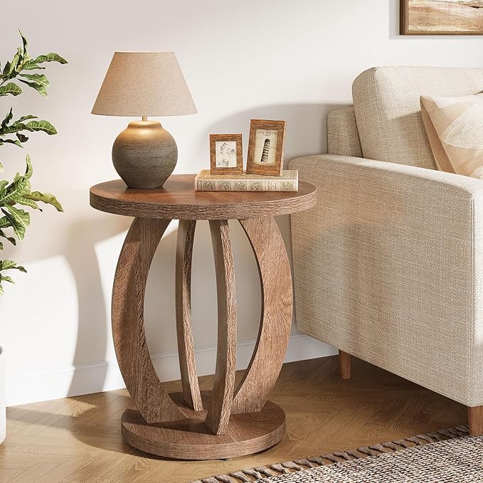 Tribesigns End Table, Round Side Table with Storage, Farmhouse Nightstand Bedside with Round Tabletop, Accent End Table for Living Room Bedroom Small Space, Wooden Accent Furniture (2, Brown)