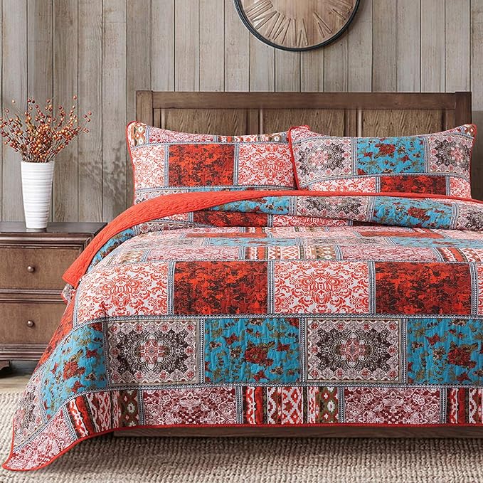 NEWLAKE Cotton Bedspread Quilt Sets-Reversible Patchwork Coverlet Set, Mediterranean Classic Bohemian Pattern,Queen Size