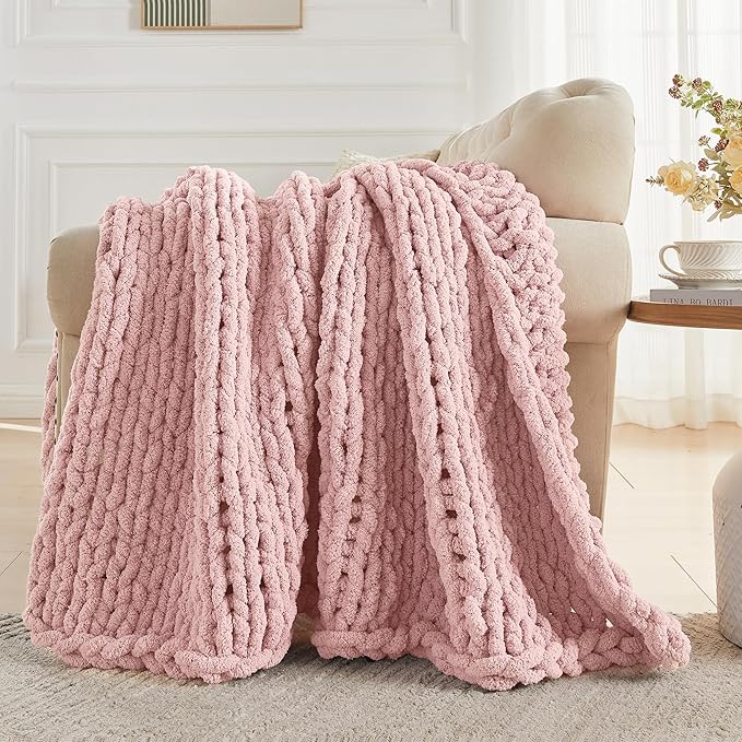 Carriediosa Chunky Knit Throw Blanket 50" X 60", 100% Hand Made Large Chenille Loop Yarn Soft Fluffy Throws for Couch Sofa Bed, Big Crochet Cozy Heavy Thick Cable Woven Blankets, Dusty Pink