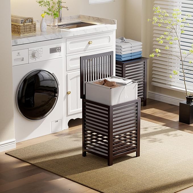 SMIBUY Double Laundry Hamper with Lid, 120L Bamboo Laundry Basket with Removable Liner Bag, 2-Section Clothes Divider Laundry Sorter for Laundry Room, Bathroom, Bedroom (Dark Brown)