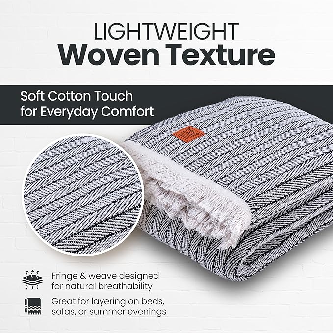 Gold Case Throw Blanket for Bed – 100% Recycled Turkish Cotton Bed Blanket – Decorative Throw Cotton Blankets for Living Room & Bedroom – Vintage Black Woven Queen Blankets – 90x90