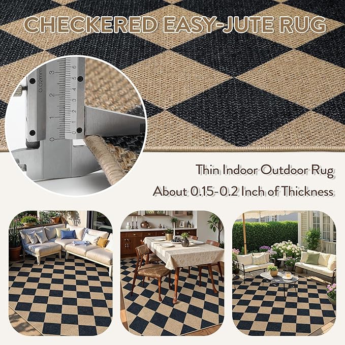 Lahome Checkered Easy Jute Outdoor Rug, Large 6x9 Rug for Living Room Checkerboard Indoor Outdoor Carpet, Farmhouse Patio Office Mat Geometric Non Slip Black Carpet for Backyard Dining Room