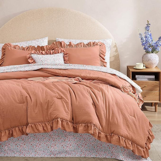 King Comforter Set - 7 Pieces Ruffle Autumn Leaf Bedding Sets, Shabby Chic Farmhouse Bed in a Bag King with Ruffle Comforter, Floral Sheets, Pillowcases & Shams