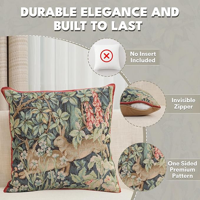 Charlotte Home Furnishings Decorative Tapestry Pillow Cover 14x14 in, Green Hares Couch Throw Pillow Cover, French Country Square Cushion Cases for Living Room Home Decor, Soft Cotton Jacquard Woven