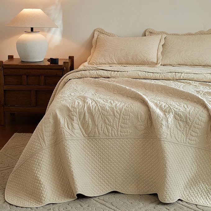 MarCielo 3-Piece 100% Cotton Oversized Bedspread Lightweight Quilt Coverlet Embroidery Farmhouse Bedding Set T0 (Yellowish Beige, Oversized Queen (100"x106"))