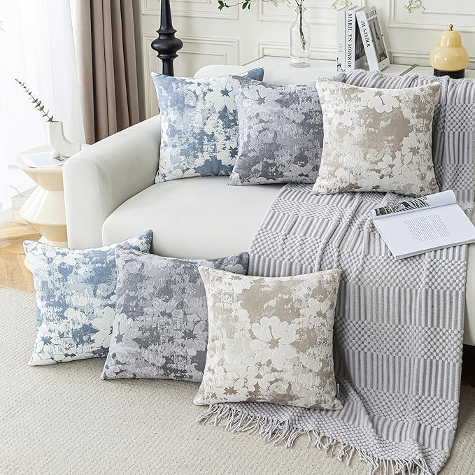 Jacquard Throw Pillow Covers 18x18 Inch Set of 2 - Vintage Floral Boho Pillow Cases with Botanical Pattern | Farmhouse Decor for Couch | Soft Textured Neutral Trio Light Khaki Warm Beige 18" x 18"