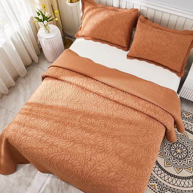 MarCielo 3-Piece 100% Cotton Oversized Bedspread Lightweight Quilt Coverlet Embroidery Farmhouse Bedding Set T0 (Royal Orange, Oversized King (118"x106"))