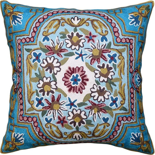 Turquoise Floral Pillow Cover Traditional Blue Flower Pillowcase Traditional Outdoor Cushion Suzani Flower Throw Florals Chair Farmhouse Hand Embroidered Cushions Wool 18x18 Inch