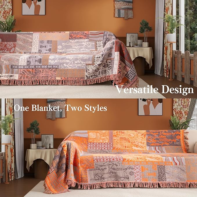 Boho Throw Blanket Twin Size, Soft Cozy Cotton Muslin Quilt Blanket for Bed Decor, Patchwork Block Couch Sofa Chair Cover, Vintage Farmhouse Cottage Tapestry Woven Blanket, Red&Orange