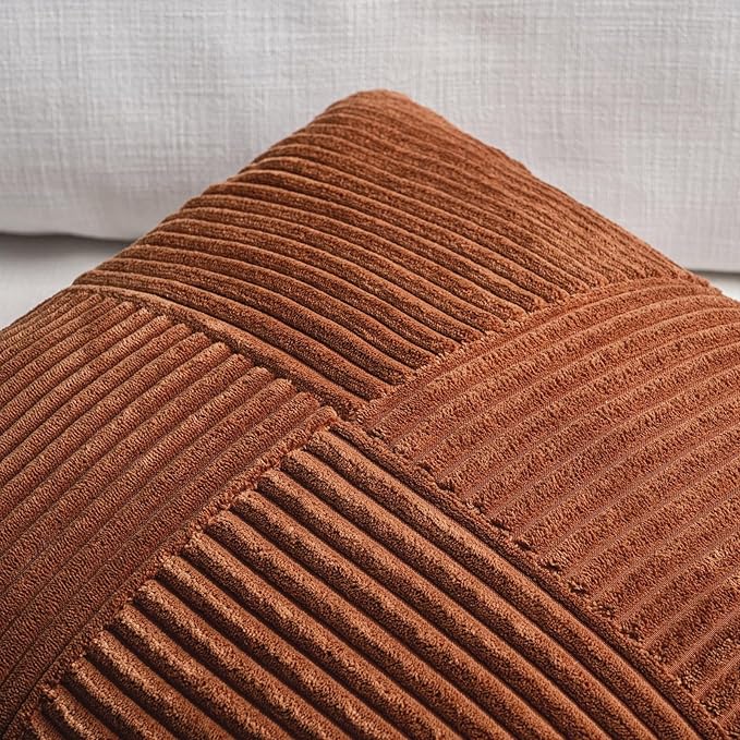 Fancy Homi 2 Packs Rust Lumbar Decorative Throw Pillow Covers 12x20 Inch for Couch Bed Sofa, Rustic Farmhouse Boho Home Decor, Soft Striped Corduroy Rectangle Accent Terracotta Cushion Case 30x50 cm