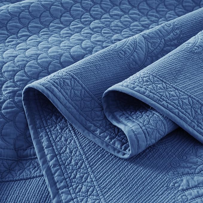 MarCielo 3-Piece 100% Cotton Oversized Bedspread Lightweight Quilt Coverlet Embroidery Farmhouse Bedding Set (TM Midtone Blue, Oversized King (118"x106"))