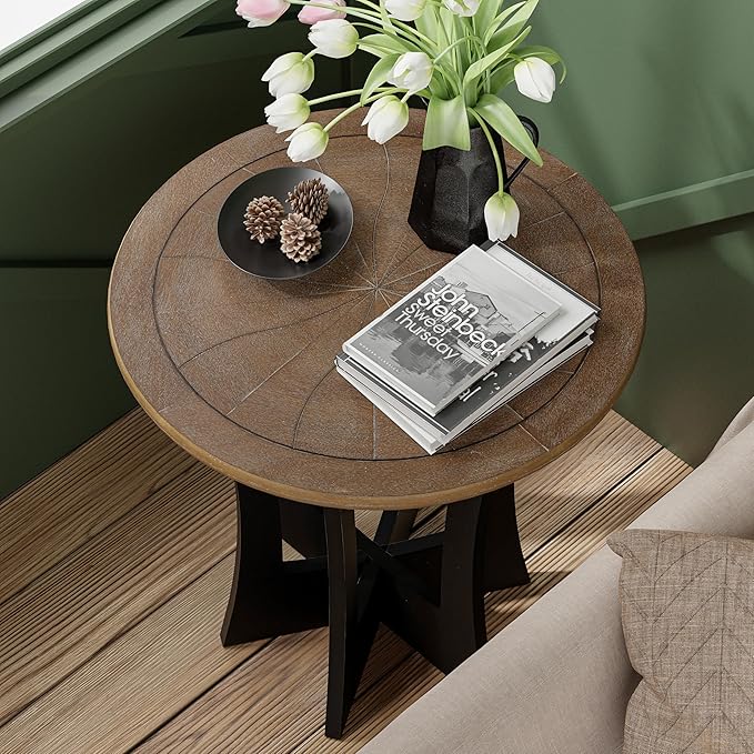 Farmhouse Round End Table with Criss-Cross Wood Legs, Rustic French Country Side Table for Dinning or Living Room, Modern, Black, Natural Wood, 23.62’’W*23.62’’D*23.22’’H