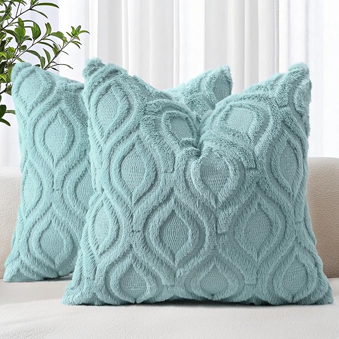 decorUhome Fall Throw Pillow Covers 20x20 Inch Set of 2, Soft Plush Decorative Faux Fur Aqua Solid Couch Pillow Covers, Accent Farmhouse Neutral Square Euro Pillow Cases for Sofa Bed Living Room