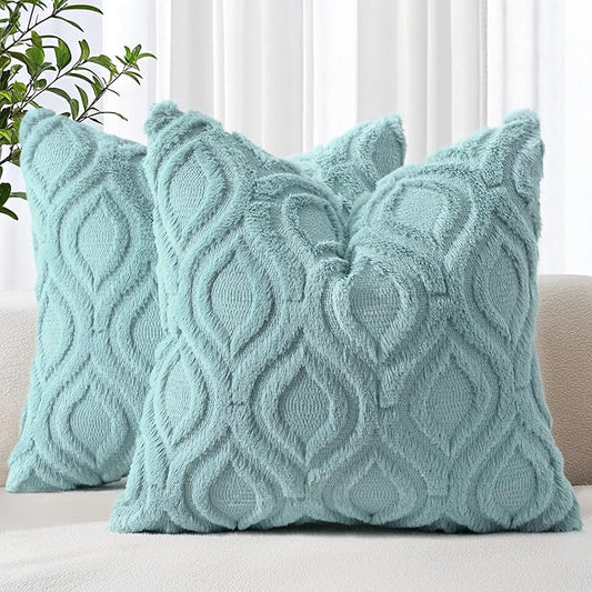 decorUhome Fall Throw Pillow Covers 20x20 Inch Set of 2, Soft Plush Decorative Faux Fur Aqua Solid Couch Pillow Covers, Accent Farmhouse Neutral Square Euro Pillow Cases for Sofa Bed Living Room