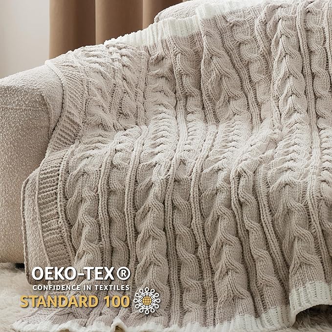 Bedsure Cable Knit Throw Blanket for Couch Bed - Breathable Chenille Chunky Knit Throw Blanket for Decorative Gift, GentleSoft Cozy and Warm for Winter and All Seasons, Beige, 50x60 Inches
