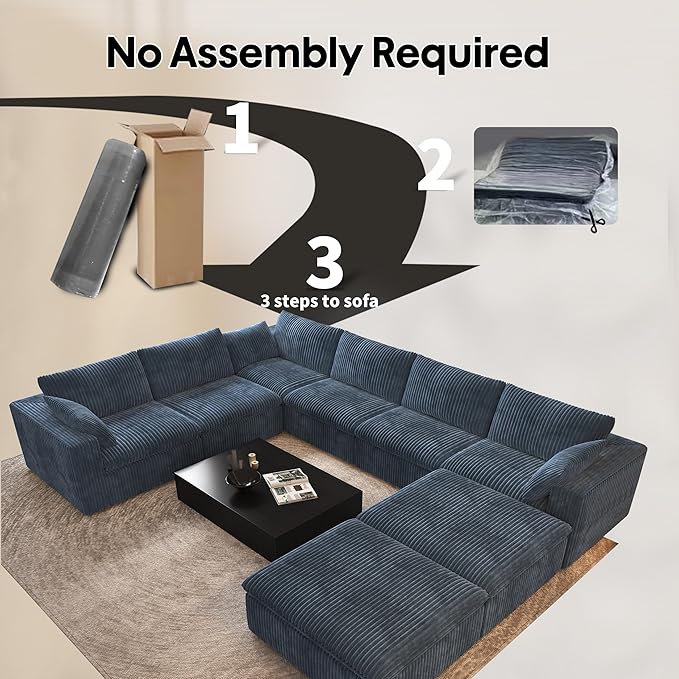 Oversized Modular Sectional Cloud Couch,157.5" U Shaped Modern Sofa with 2 Ottoman and 2 Middle Seats,Upholstered Couches with Corduroy Fabric for Living Room Furniture,No Assembly Required,Blue