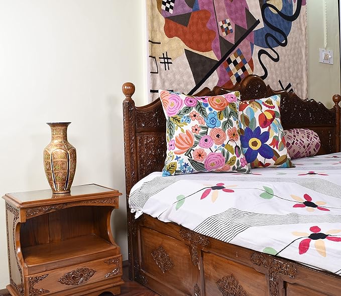 Roses Floral Pillow Cover Flower Farmhouse Chair Cushion Suzani Flowers Pillowcase Boho Florals Accent Throw Pillowsham Wool Hand Embroidered Size 18x18