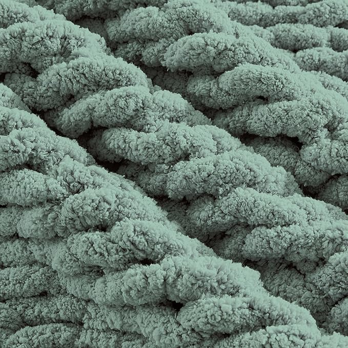 Carriediosa Chunky Knit Throw Blanket 60" X 80" Twin, 100% Hand Made Large Chenille Loop Yarn Soft Fluffy Throws for Couch Sofa Bed, Big Crochet Cozy Heavy Thick Cable Woven Blankets, Sage Green