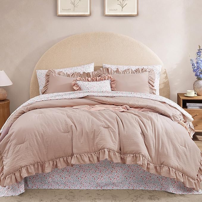Queen Comforter Set - 7 Pieces Ruffle Pink Bedding Sets, Shabby Chic Farmhouse Bed in a Bag Queen with Ruffle Comforter, Floral Sheets, Pillowcases & Shams