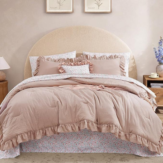 Queen Comforter Set - 7 Pieces Ruffle Pink Bedding Sets, Shabby Chic Farmhouse Bed in a Bag Queen with Ruffle Comforter, Floral Sheets, Pillowcases & Shams