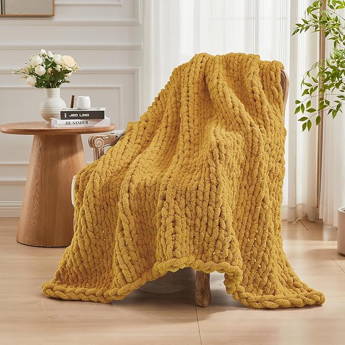 Carriediosa Chunky Knit Throw Blanket 60" X 80" Twin, 100% Hand Made Large Chenille Loop Yarn Soft Fluffy Throws for Couch Sofa Bed, Big Crochet Cozy Heavy Thick Cable Woven Blanket, Yellow