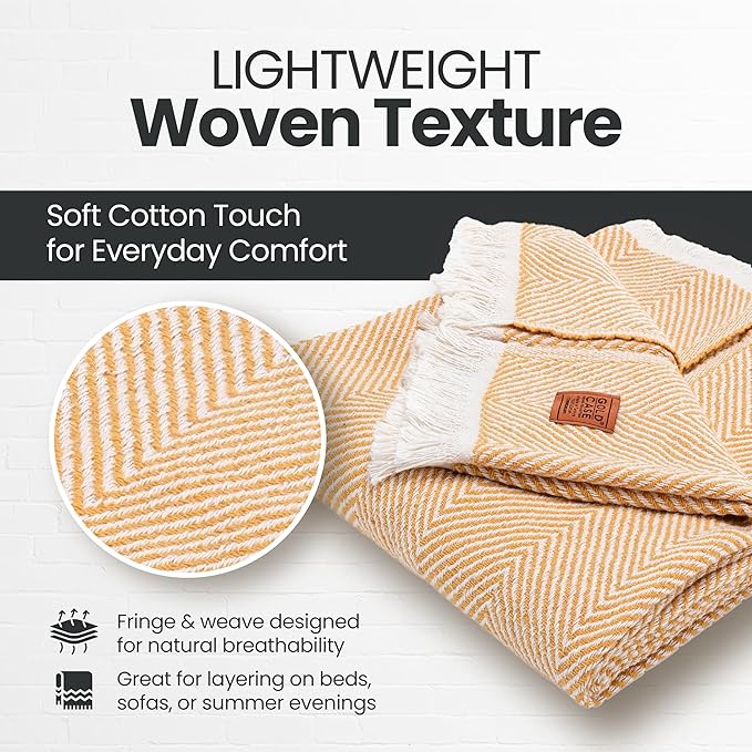 Gold Case Throw Blanket for Couch – 100% Recycled Turkish Cotton Blankets & Throws – Elegant Decorative Throw Blankets for Living Room Sofa – Woven Throws for Couch – Elegant Mustard – 60x80