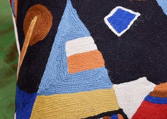 Kandinsky Contemporary Throw Pillow Cover - Bright | Red Modern Pillow Cases | Abstract Accent Pillows | Contemporary Couch Cushions | Hand Embroidered Cushion | Wool Size 18x18