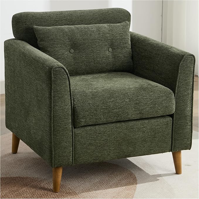 Modern Accent Chair with Wooden Legs Plush Fabric Armchair Cozy Reading Chair for Living Room, Bedroom, Study (Green Armchair)